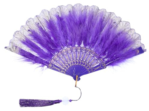 PATIKIL Embroidered Flower Marabou Feather Fan, 1920s Vintage Folding Handheld Fan Chinese Flapper Hand Fan for Costume Party Dancing Wedding Show Tea Decoration, Purple