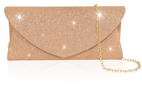Toptime Damen Clutch, Glitzer Abendtasche mit Abnehmbare Metallkette, Elegante Envelope Handtasche Damen Klein, Pailletten Crossbody Bag Umhängetasche für Hochzeit, Abschlussball, Party (Rosegold)
