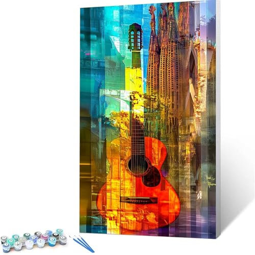 Malen Nach Zahlen Erwachsene Kinder Gitarre, 70 x 140cm Groß Paint by Numbers mit Leinwand Pinseln Acrylpigment,DIY Handgemalt Gemälde Kit für Jungen Mädchen ab 6 Jahre Geschenke Sagrada Familia 0/0-3
