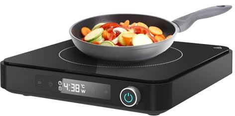 Cooktron Piastra di cottura a induzione con piastra e copertura – 2000 W piano cottura a induzione + griglia elettrica, 10 + 5 livelli, controllo touch e manopola per campeggio, cucina/esterni