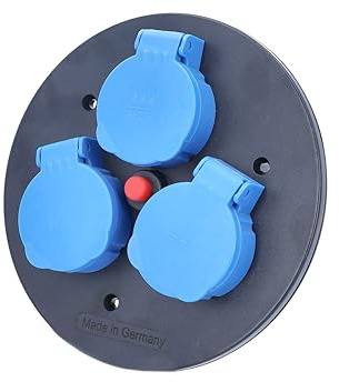 as - Schwabe inserto presa triplo per avvolgicavo, versione svizzera, 3 x SEV 230 V/10 A Tipo13, con coperchio di protezione blu, interruttore termico, uso esterno IP55