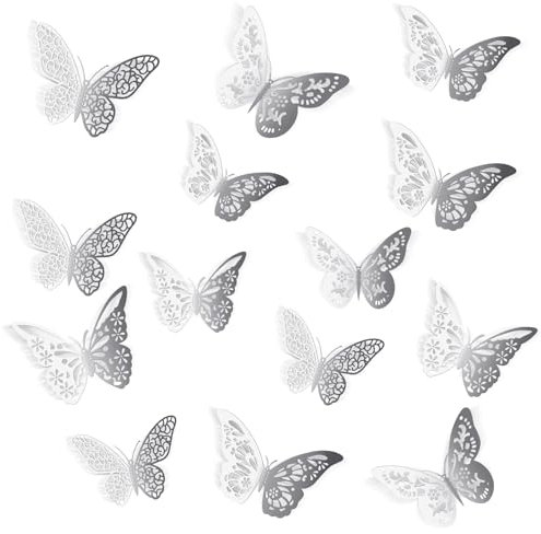48 PCS Silver Butterfly Decorations, 3D Butterfly Wall Decor, 4 Styles 3 Sizes, Removable Metallic Wall Sticker Room Mural Decals for Crafts, Bouquet, Cake Decorating, Flower Arrangements, Room Decor