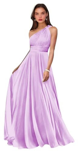 Vestidos de dama de honor con un hombro descubierto para mujer, vestido largo de gasa plisado, vestido de noche formal con bolsillos, vestido de invitada de boda, vestido largo de graduación, Lila, 40