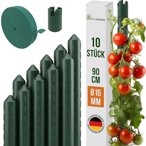 TTL GARDEN Rankstäbe 10er Set 90cm x 16mm Ø grün - extra stabil & rostfrei | 16 mm Rankhilfe Pflanzstäbe + Klettband - Stahl kunststoffbeschichtet Pflanzenstütze Blumenstütze für Tomaten Paprika Blumen