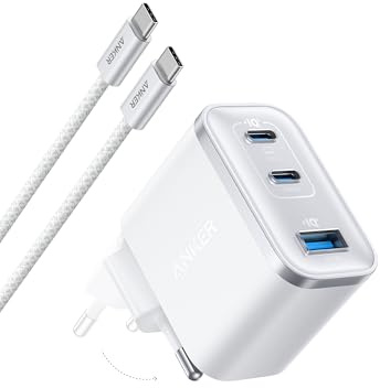 Anker 70W USB C-laddare, laptopladdare, 3-portars snabbladdning för flera enheter, avancerad GaN-nätadapter, pekskärm, kompatibel med MacBook, iPhone 16/15/14, Samsung, Pixel med flera (Vit)