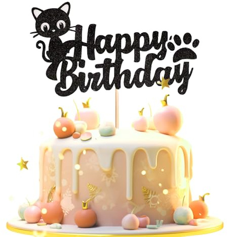 Black Glitter Cat Happy Birthday Cake Topper - Adorable Kitten & Paw Print Theme Party Decoration for Pet Lovers & Kids Birthdays