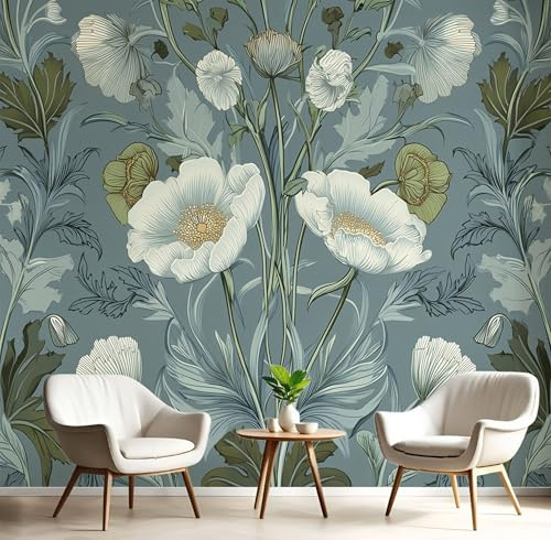Papel Pintado De Papel No Tejido, Elegante Floral 300×210cm Fotomurales XXL Moderna Decorativos Murales, Retro Abstracto Flores Papel Tapiz Azul Grisáceo FotográFico Dormitorio Para La Sala