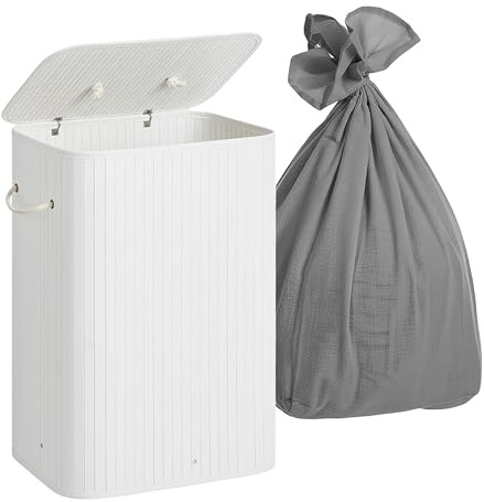 Relaxdays Tvättkorg med lock, 2 fack, bambu, 105 l, vikbar, H x B x D: 63 x 52 x 32 cm, tvättsorteringssystem, vit