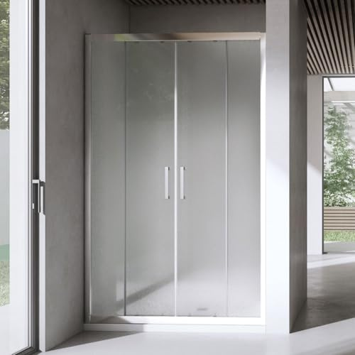 Yellowshop - Porta Doccia Scorrevole Extra 130 cm 2 Ante + 2 Fisse in Vetro Temperato Opaco 6 mm – Altezza 195 cm – Profili in Alluminio Effetto Acciaio