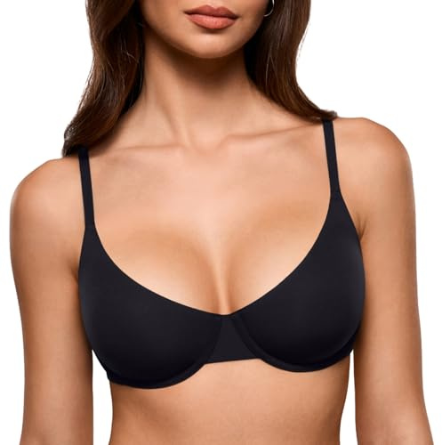 INLYRIC Women's Inbarely Plus Demi Balconette Bra No Padding Unlined Underwire Comfort Tshirt Supportive Everyday Bras Black 34C
