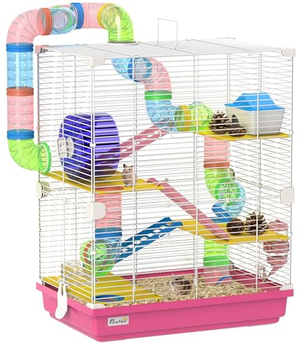 PawHut Jaula para Hámster de 5 Niveles, Casa para Roedores Pequeños con Túnel, Plataformas, Cuenco, Bebedero, Casita, Rampas y Rueda de Ejercicio, para Jerbos, 46x30x58 cm, Rosa