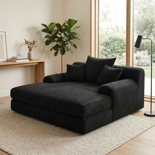 BYCCZMGAD Cord-Sofa mit Chaiselongue, Modernes Wohnzimmer-Couch mit 3 Kissen,XXL-Sessel,bodensofa,Gemütliche Lounge-Couch in Schwarz