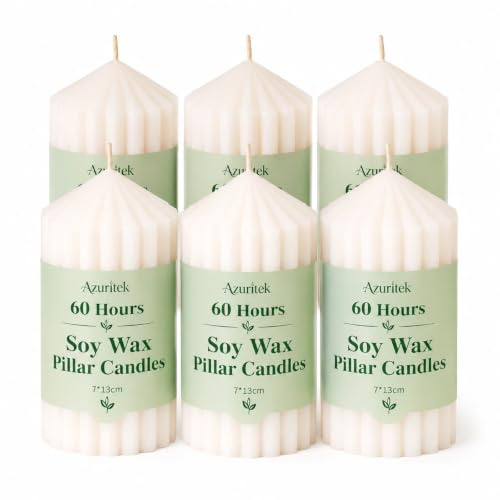 Azuritek 6 Pcs Soy Wax Pillar Candles, Each 60H Burn Time -13cm × Ø7cm | 100% Pure Natural Soy Wax, Ribbed Candles, Clean Long Burning, Non-Toxic, ideal for Home, Wedding, Church, Party Decoration