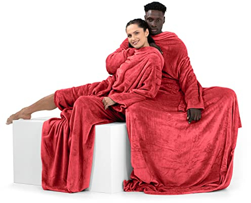 DecoKing Manta con Mangas de Microfibra y Bolsillos Forro Polar Suave y cálido con Compartimento para los pies 150x180 cm Rojo Lazy