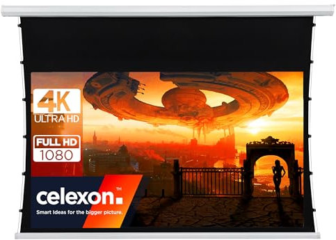 celexon Basic Écran de Projection motorisé tensionné 90 | 200x113 cm 16:9 | Écran FullHD 4K avec câbles de Tension pour Home Cinéma & présentations | Montage Plafond/Mur | Télécommande Incluse