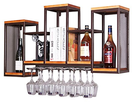 Porte-bouteilles mural en bois Vintage | Étagère murale | bouteille de vin | porte-verre à vin | Cave à vin en métal