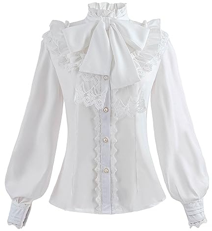 Nuoqi Women's Victorian Blouse, Plus Size Gothic Shirt Vintage Steampunk Stand-Up Collar Long Sleeve Lotus Ruffle Tops White 3XL
