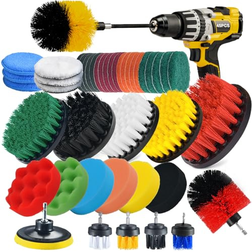 Shieldpro Juego de 45 Piezas de Accesorios de Cepillo de Taladro, Cepillo Multiusos de Limpieza eléctrica, Almohadillas de fregado y Esponja con Accesorio Largo extendido para baño, Cocina, lechada,