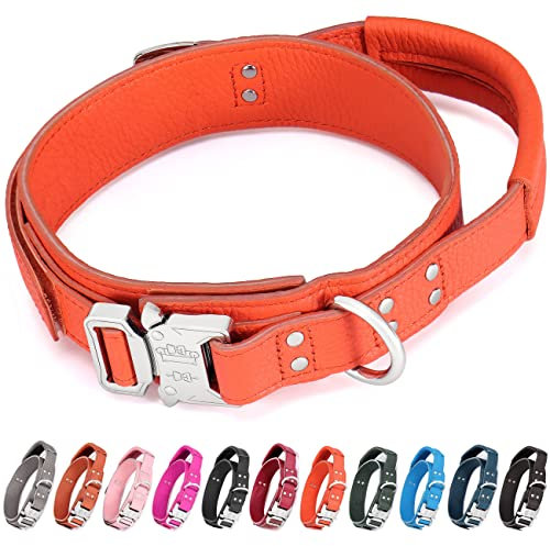 Compuda Taktisches Hundehalsband aus Leder mit gepolstertem Griff, K9, Militär-Hundehalsband, 3,8 cm breite Schnellverschluss-Schnalle (L (40,6–47 cm), Breite 3,8 cm, Orange