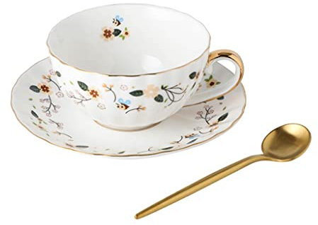 Fiore tazza di tè Set con finiture in oro,Tazze e piattini colazione,Set di Tazze da caffè,Osso Porcellana Ceramica Tazza Di Tè,Set di tazzine e piattini in bone china for bevande calde o fredde