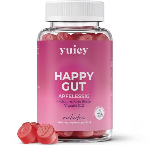 yuicy® Apfelessig Gummies - Mit B12 & Folsäure für Energie, Verdauung & Stoffwechsel - Vegan & Zuckerfrei - leckerer Apfel Geschmack - Apple Cider Vinegar Gummies - 60 Stk. - HAPPY GUT