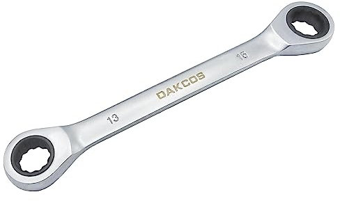 DAKCOS Chiave a Cricchetto, 13 x 15 mm, 2 in 1, Doppia Estremità, Anello a Cricchetto, CR-V, Finitura Cromata Opaca