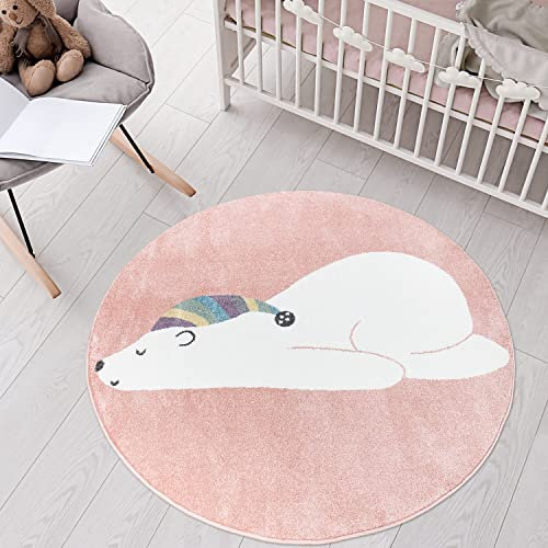 carpet city Tapis pour chambre d'enfant Motif animal – Rose – 120 cm rond – Tapis pour enfant à poils courts avec bonnet de sommeil – Poils doux