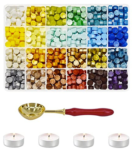 Set Wachsschmelzer, Siegelwachs Perlen Set, 600 Stück Siegelwachs Perlen Set, 24 Farben Siegelwachsperlen mit 4 Weißen Kerzen (A) (J)