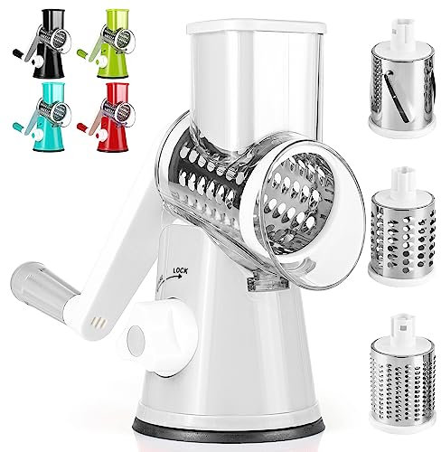 Dreamhigh® Käsereibe mit Kurbel, Gemüseschneider 3 Edelstahl Austauschbaren Trommelklingen, Manuelle Trommelreibe, Gemüsehobel, Starke Saugwirkung, Ideal für Gurken, Käse Nüsse, Karotten, Weiss