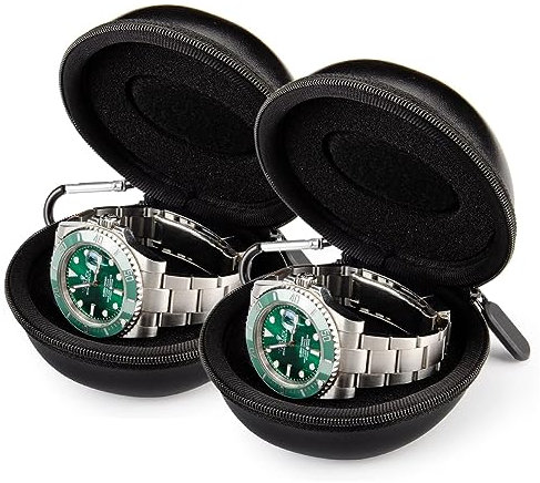HELMDY 2 Pezzi Custodia Orologio, Scatola per Orologi da Viaggio, Custodia con Cerniera per Orologi, con Moschettone e Spugna, Rotonda Portatile, Adatta a Tutti Gli Orologi Sotto i 50 mm (Nero)