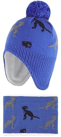 LACOFIA Baby pojkar flickor vintermössa och krage halsduk set stickad småbarn öronflikar mössa barn varm fleece foder hatt med pompom, 2-pack, Blå dinosaurie, 2-4 År