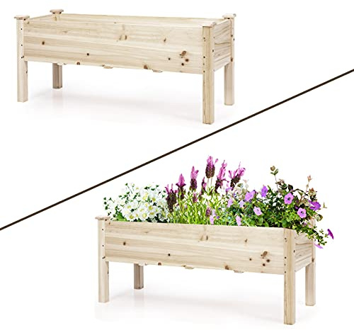 GOPLUS Huerto Urbano de Madera de Abeto, Cama Elevada con 5 Agujeros de Drenaje, Jardinera para Flores Verduras, Maceta para Cultivo, Capacidad de 100 kg, 120 x 43,5 x 51 cm (Beige)