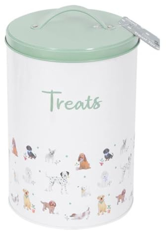 Stylish Grey/Green Pet Treat Storage Tin with Handle and Dog Print - approx 19cm x 13cm - keep treats fresher for longer