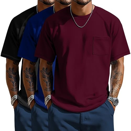 Neer 3er-Pack Herren T-Shirts Große Größen Brusttasche | Oberteile mit Rundhalsausschnitt, Raglanärmel, Übergröße, lässiges Sommer-T-Shirt, weicher atmungsaktiver Stoff, Brusttasche