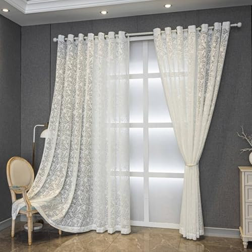 Kurzgardine Querbehang Kurzgardine 2er Set Weiß Voile mit Hohlem Maschenblumenmuster H115 x B107 cm (2er Pack) Polyester