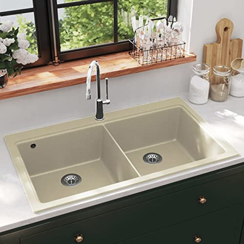Cinyiqo Fregadero de Cocina de Granito con Dos Senos Beige, Mueble Pila Lavadero, Pila Fregadero Cocina, Fregadero sobre Encimera, Fregadero Baño Encimera, Picas De Cocina 144851