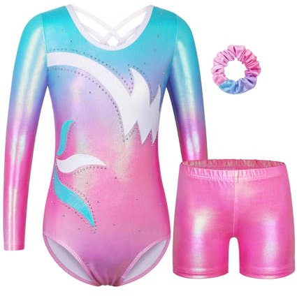 BAOHULU Gymnastikanzug für Mädchen, langärmelig, glitzernd, niedliches Muster, Tanzoutfit mit passenden Shorts, Bluepink Set, 11-12 Jahre