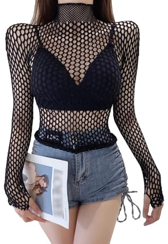 Women's Gothic Fishnet Mesh See Through T-Shirt Skinny Goth Hollow Out Long Sleeve Shirts Crop Top T-Shirt (UK, Alpha, One Size, Regular, Regular, Black)