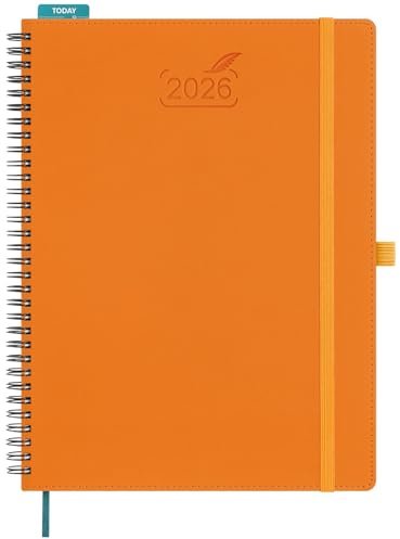 BEZEND Kalender 2026 Buchkalender Ringbuch ca.A4 28,5 x 21,5 cm | Terminplaner 2026 1 Woche 2 Seiten mit Monats-Register | Planer & Terminkalender 2026 A4 mit PU-Leder Softcover - Orange