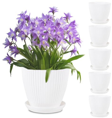 Foreverup 15cm Plastic Plant Pots, Flower Pots with Drainage Holes and Tray, Modern Decorative Planter Pot Multisize for Orchid Peony Rose Snake Plant Aloe Tulips White All House Plants（ 5 Pack）