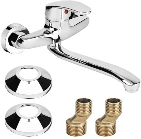360° Drehbar Wasserhahn Küche Wandarmatur, Kalt und Heiß Einhebelmischer, Mischbatterie Küche, Wall Mounted Tap, Waschtischarmatur Waschtischmischer für Wandmontage, Schwenkarm 24CM, Chrom