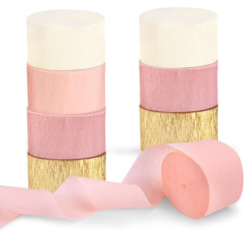 Riqiaqia Streamers Party Decorations,8 Rolls Pink Gold Crepe Paper Streamers for Wedding, Birthday, Bachelorette, Bridal Showerand Baby Shower Girl