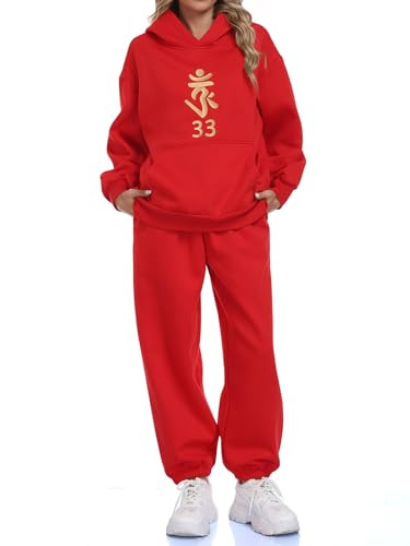 Hibelle Anxiety Relief Graphic Tai Chi Womens Hoodie Sweatsuit Set-Healing Energy,Luck & Wealth-2-Piece Lounge Tracksuit Red Medium