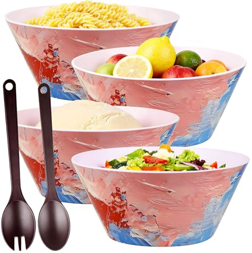 Greentainer Juego de 4, ensaladera grande con tenedor y cuchara, cuencos para patatas fritas, dulces, aperitivos, cuencos para servir, de plástico, sin melamina, apilable