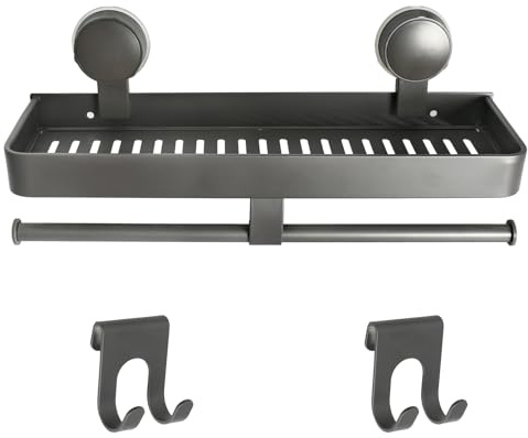 Rieoany Étagère Douche sans Percer 40 cm, Rangement Salle de Bain Adhésif avec Barre à Serviette, Aluminium Gris Gunmetal Support de Douche Supporte 7.5 kg