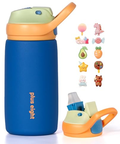pluseight Borraccia termica per bambini con coperchio con cannuccia, 350 ml, senza BPA, a doppia parete, in acciaio inox 18/8, a prova di perdite, mantiene le bevande calde 12 ore e fredde 24 ore (blu