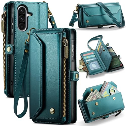 FONREST Läderväska väska fodral för Samsung Galaxy A17 5G, magnetisk flip flap plånbok fodral med ställ 10 RFID-blockerande korthållare kontantplats dragkedja ficka crossbody snodd handledsrem