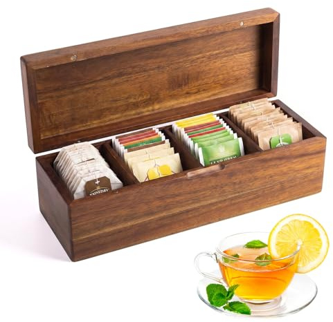 Tea Bag Storage, Wooden Tea Box Organiser, 4 Compartment Teabag Storage Box for Beverage Supplies, Sugar, Coffee, Spices Individual Packets for Home Kitchen Bar (31x10.5x9.7cm)
