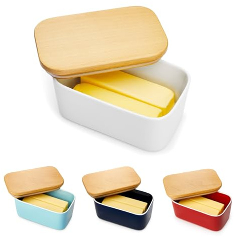 Sweese Large Butter Dish - Airtight Butter Keeper Holds Up to 2 Sticks of Butter - Porcelain Container with Beech Wooden Lid, White