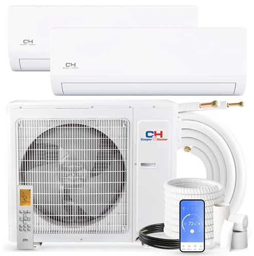 Cooper & Hunter Dual Zone 9,000 + 12,000 BTU Ductless Mini Split AC/Heating System, Pre-Charged, Heat Pump, 21.3 SEER Including 25FT Copper Line Set And Communication Wires